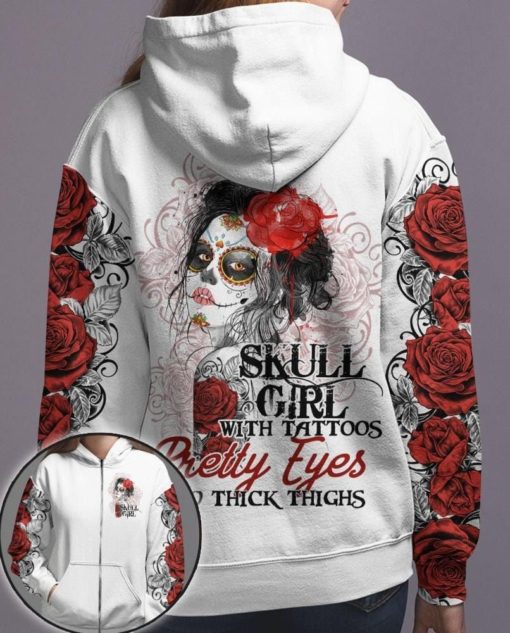163333129029e7a3a738 Skull Girl With Tattoos Pretty Eyes and Thick Thighs 3D Hoodie #KV