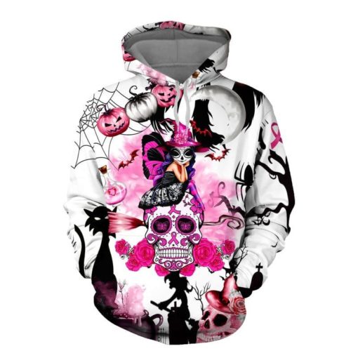 16333349061b7486a925 Skull Witch Pink Ribbon Halloween Hoodie 3D