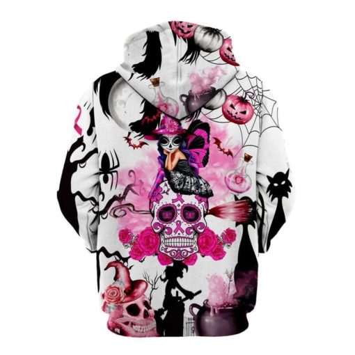 16333349065dfe8d3332 Skull Witch Pink Ribbon Halloween Hoodie 3D