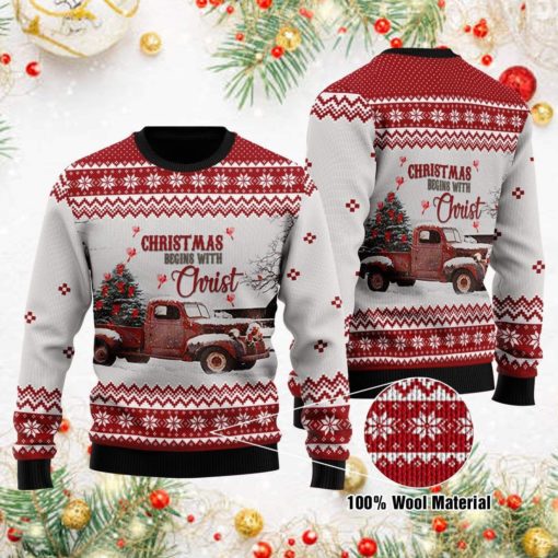 1633609122b940de338b Red bird cardinal Christmas begins with christ Christmas sweater