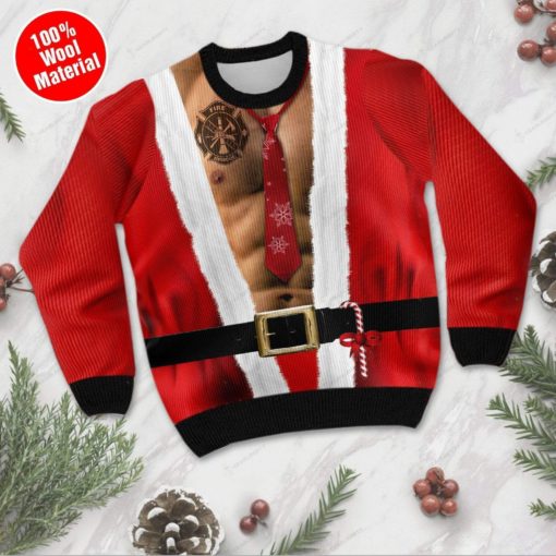 163360913487c14b1be7 Santa claws body with firefighter tattoo ugly Christmas sweater