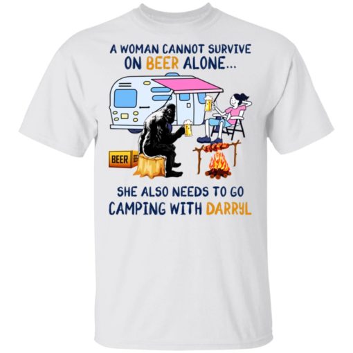 redirect 1325 Bigfoot a woman cannot survive on beer alone she also needs to go camping with Darryl shirt