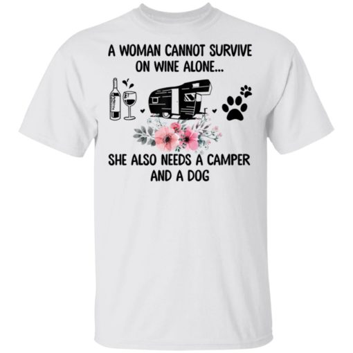 redirect 2363 A woman cannot survive on wine alone camper and a dog shirt
