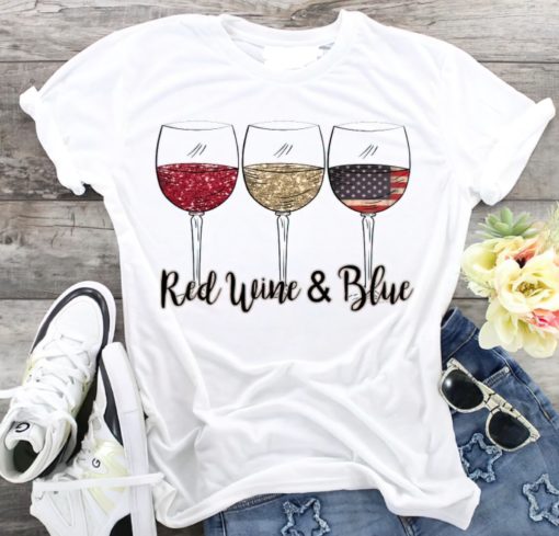 Red wine and blue 4th of July wine red white blue wine glasses ladies tee Red wine and blue 4th of July wine red white blue wine glasses shirt