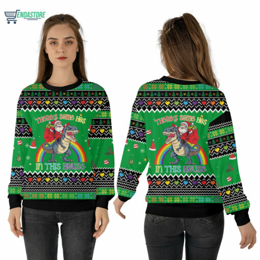 Mockup Sweatshirt 3D 31 Santa Claus riding dinosaur there’s some hos in this house Christmas sweater