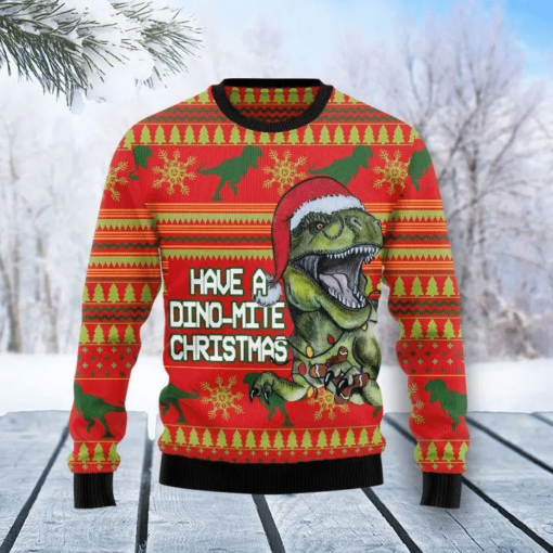 163245857410fb7f68b5 Dinosaur have a dino mite Christmas sweater