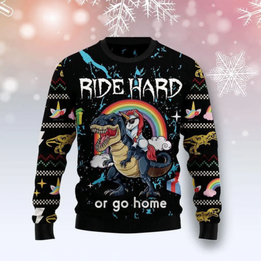 163245858198e8734666 Dinosaur Unicorn ride hard or go home Christmas sweater