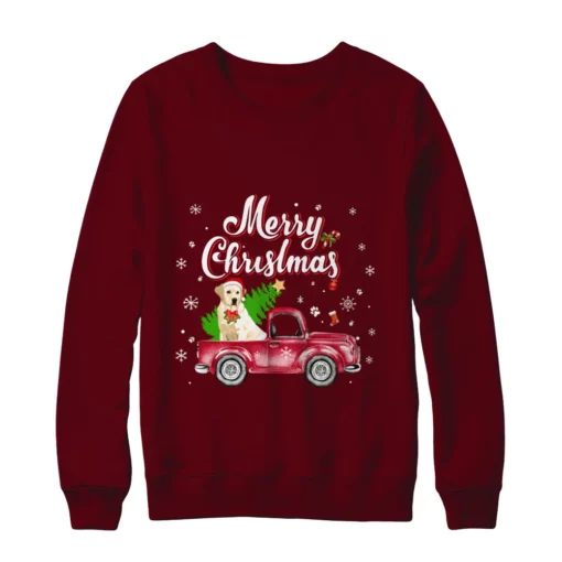 3 103 Labrador retriever rides red truck Christmas sweater