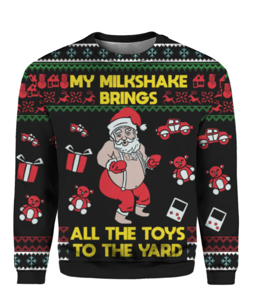 33cmrmm6lkttcttnb3r6eg42c2 APCS colorful front Santa My milkshake brings all the toys to the yard ugly Christmas sweater