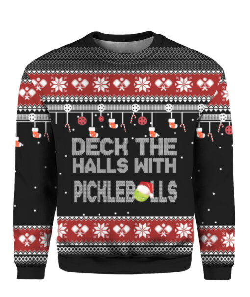 6cg31f2pgs0lju966eu2rd33kd APCS colorful front Deck the halls with Pickleballs Christmas sweater