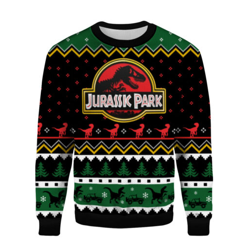 7a5dfa1f9c07385e735de5b2b5105e46 AOPUSWT Colorful front Dinosaur Jurassic Park Christmas sweater