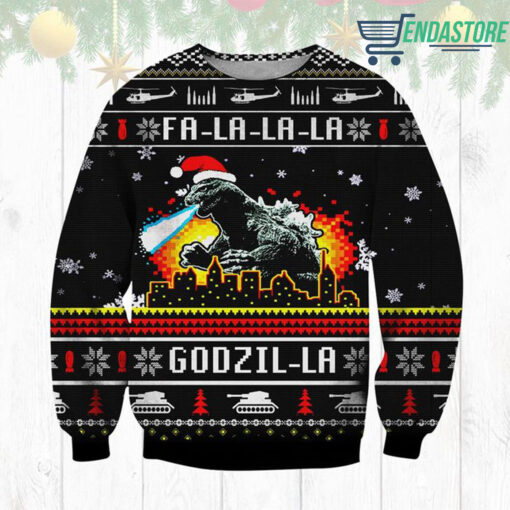 a 16 Fa la la la la Godzilla Christmas sweater