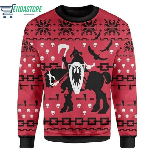 a 21 Death Dealer riding horse Christmas sweater