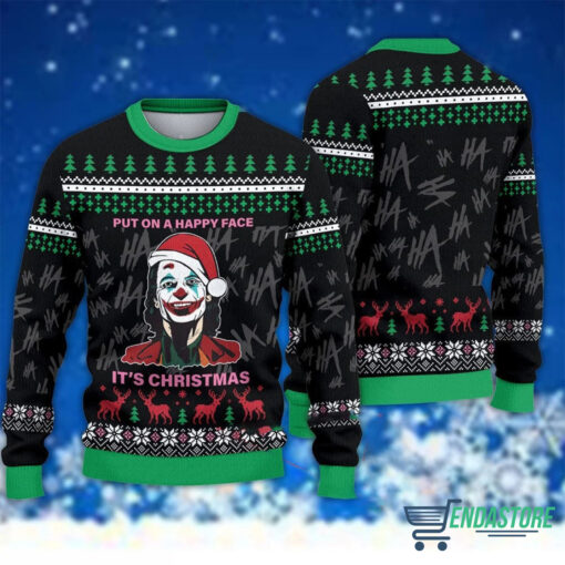 a 29 Joker put on a happy face it's Christmas sweater