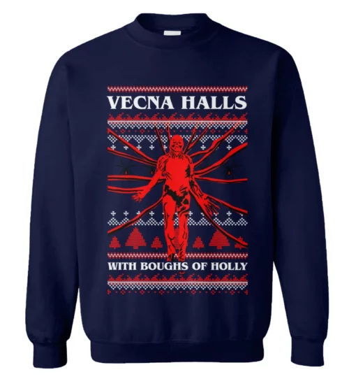 3 38 Vecna halls with boughs of holly Christmas sweatshirt