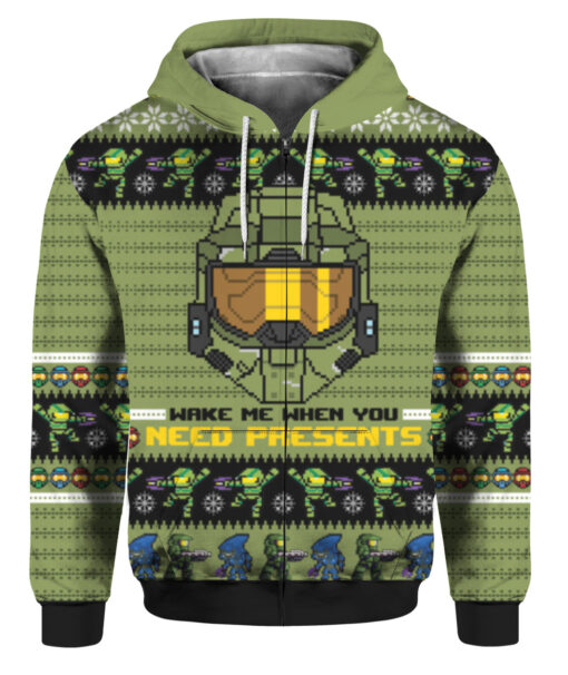 7albg7823ieri8h0h2m3i8m6ij FPAZHP colorful front Wake me when you need presents halo Christmas Sweater