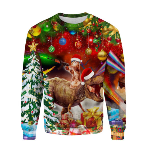 e5b54a0e3bfa7aaa712aab2468c3fb5d AOPUSWT Colorful front Cat Riding T rex Christmas gift sweater