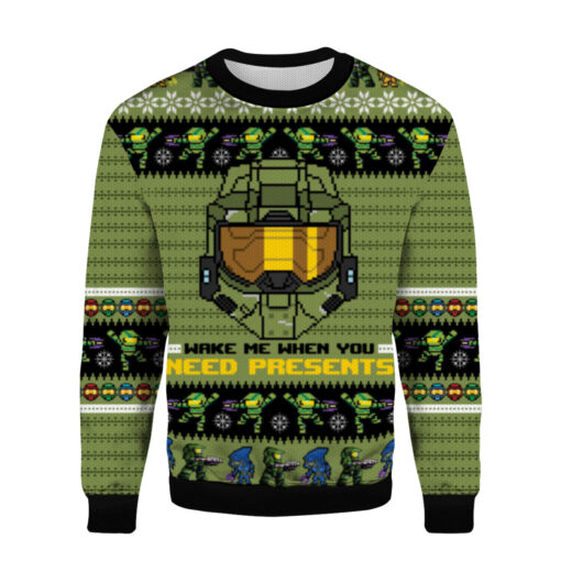 eaaae074087276e4888222b0e48b1a53 AOPUSWT Colorful front Wake me when you need presents halo Christmas Sweater
