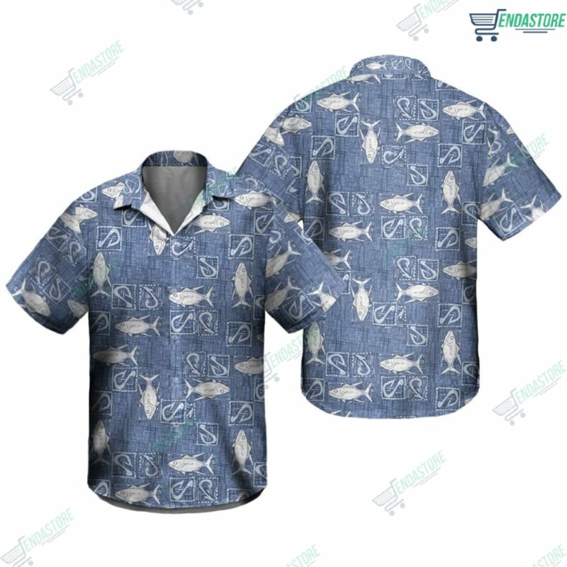 90s Blue And White Fishing Hawaiian Shirt 