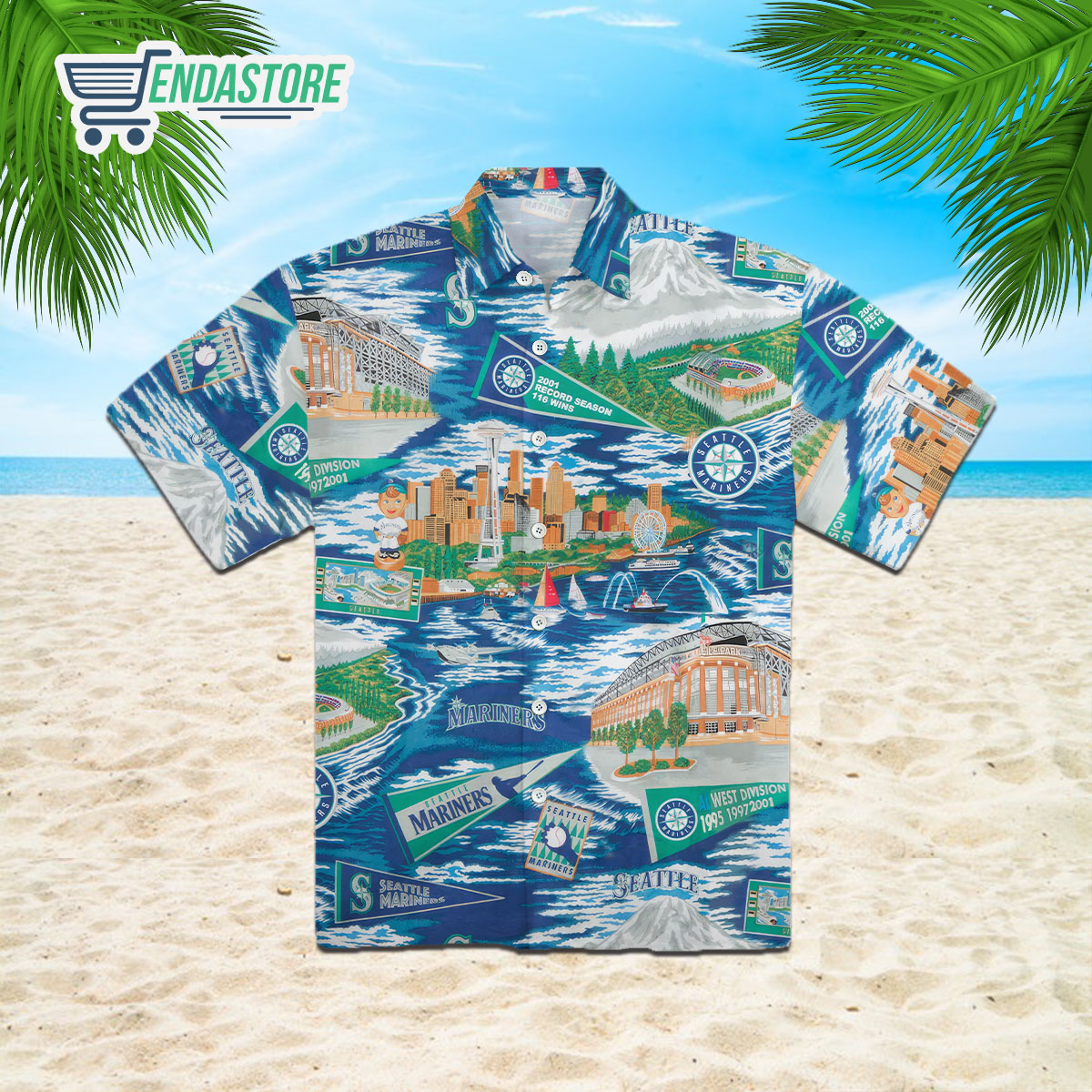 Endastore Seattle Mariners scenic Hawaiian Button-Up Shirt