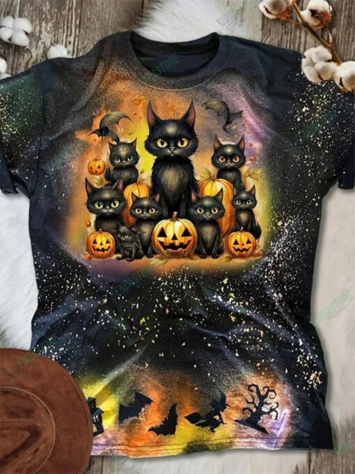Black Cat Casual Halloween Pumpkin Short Sleeve T Shirt 1 Black Cat Casual Halloween Pumpkin Short Sleeve T-Shirt