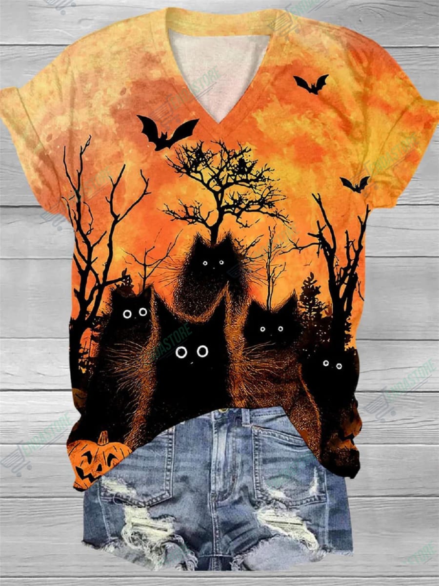 Halloween Black Cat Print V Neck T-Shirt - Endastore.com