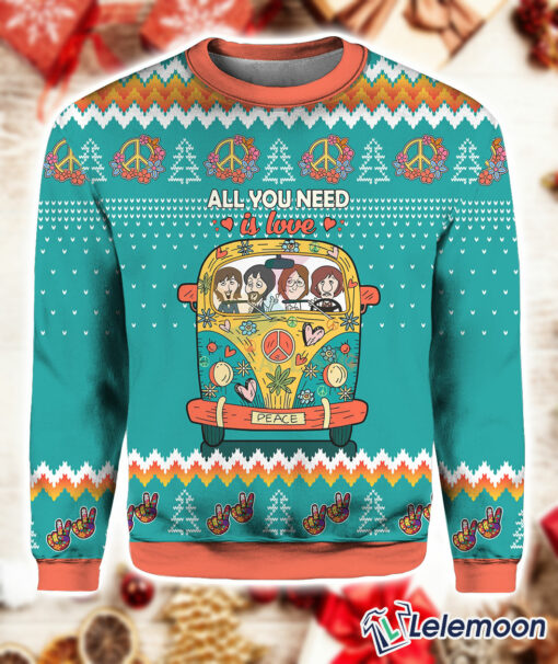Burgerprint Endas All you need is love hippie peace Christmas sweater 4 All You Need Is Love Hippie Peace Christmas Sweater